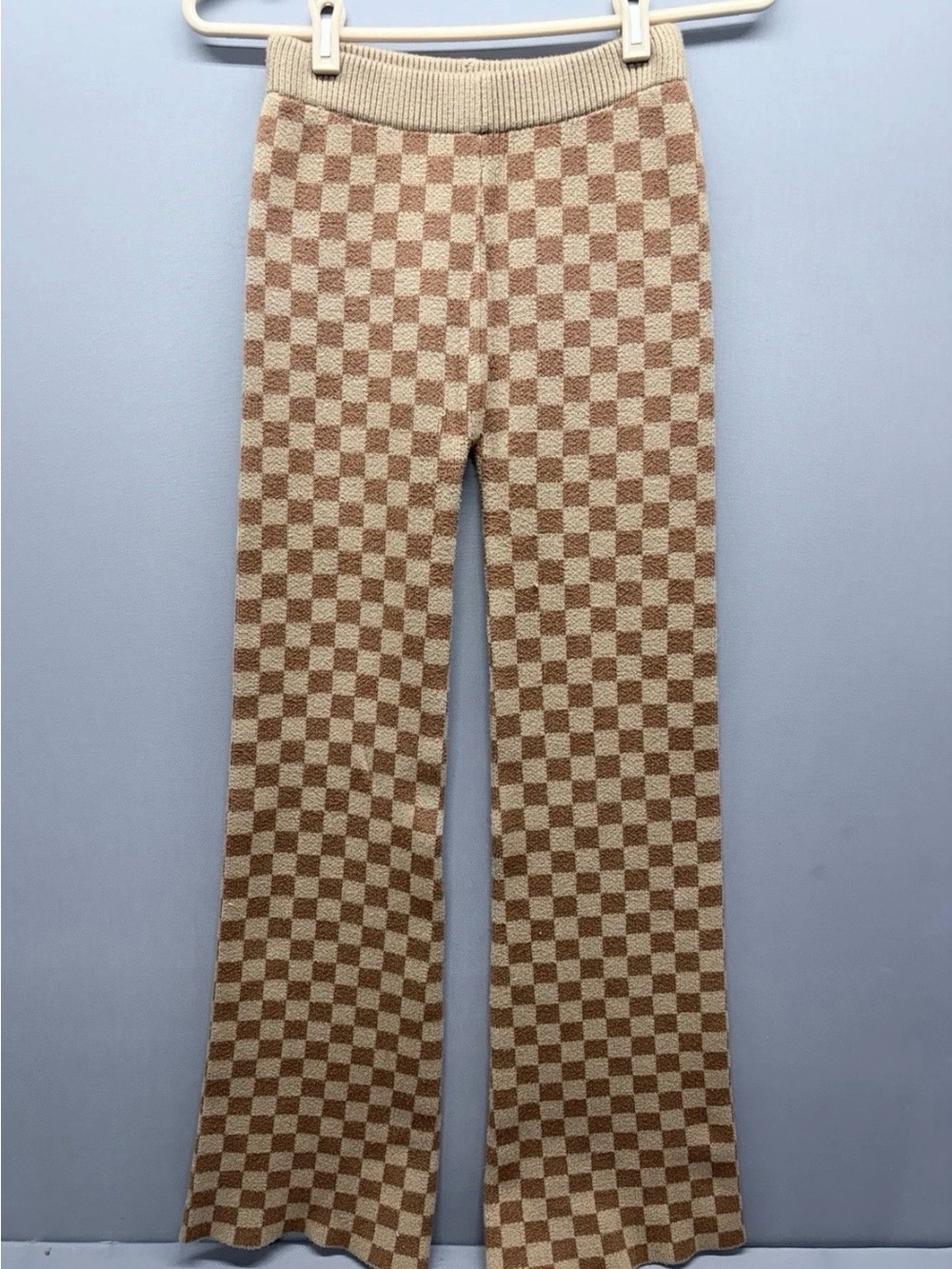 Blue Blush Beige and Cream Checker Knit Waistband Sweater